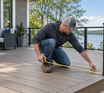Deck railing measurements being checked before ordering an aluminum railing system