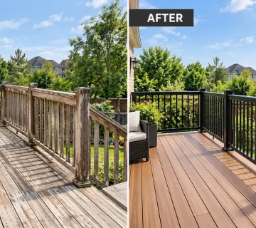   Deck railing replacement on an existing Ontario deck with black aluminum railings