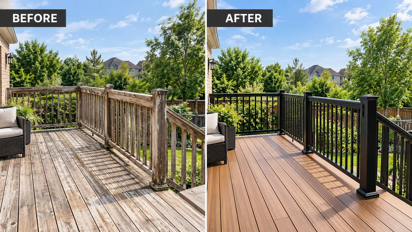   Deck railing replacement on an existing Ontario deck with black aluminum railings