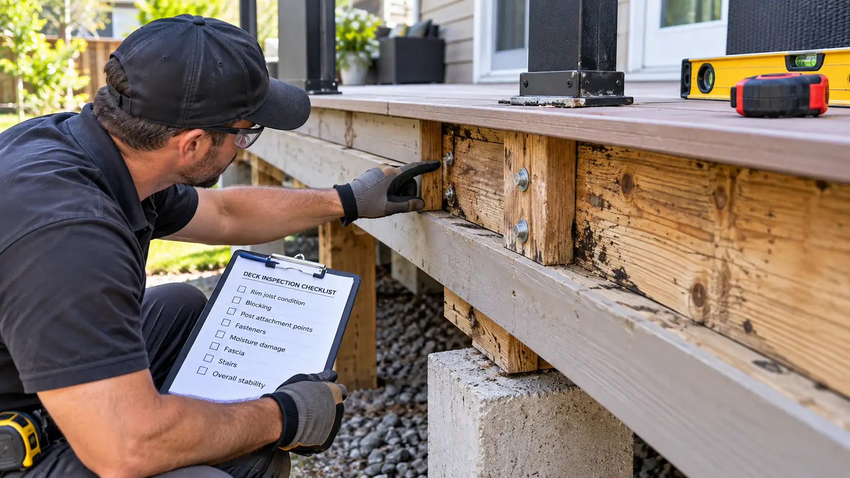 Checking deck framing and blocking before replacing an existing railing