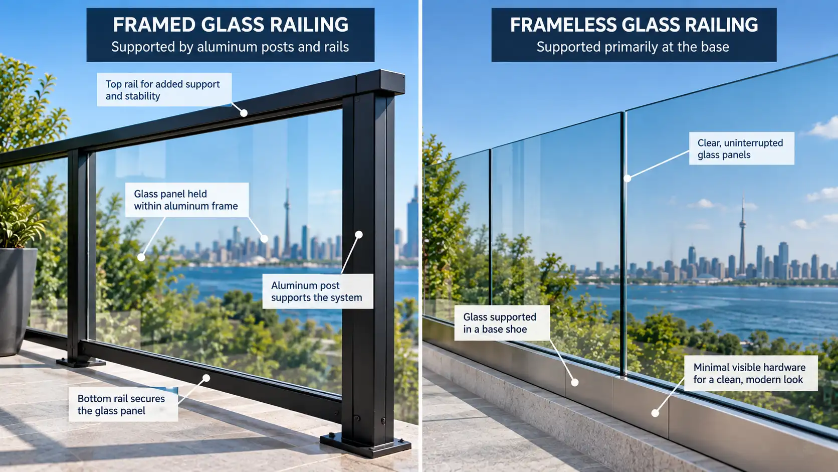 Framed and frameless glass railing support methods