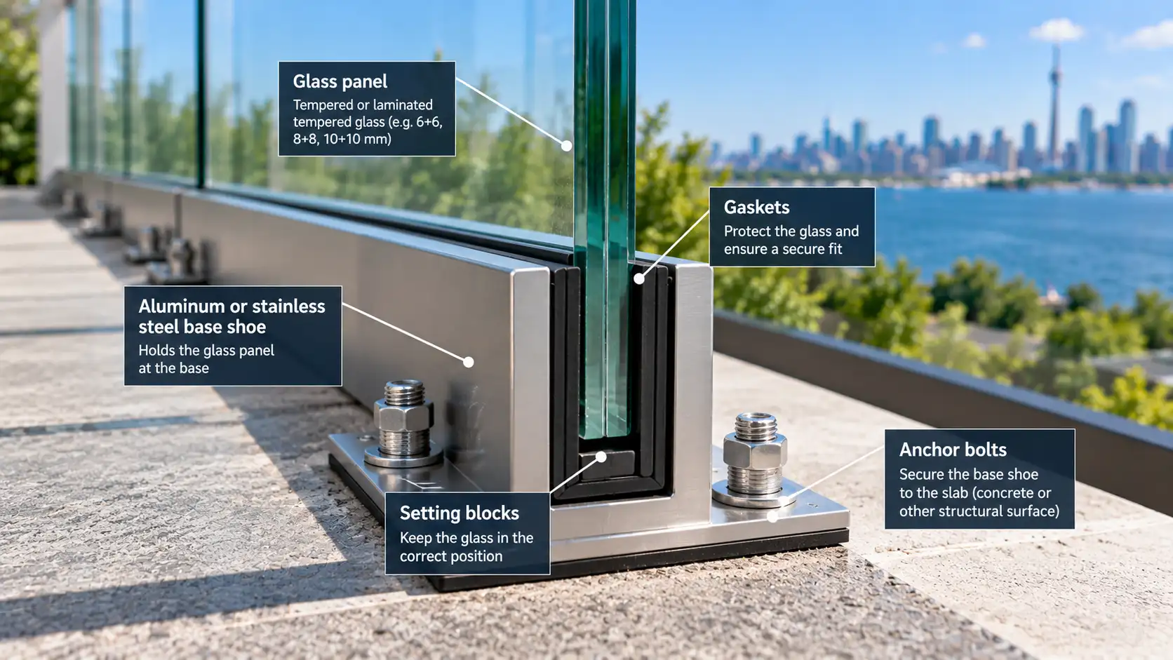 Glass railing base shoe, hardware, and mounting components