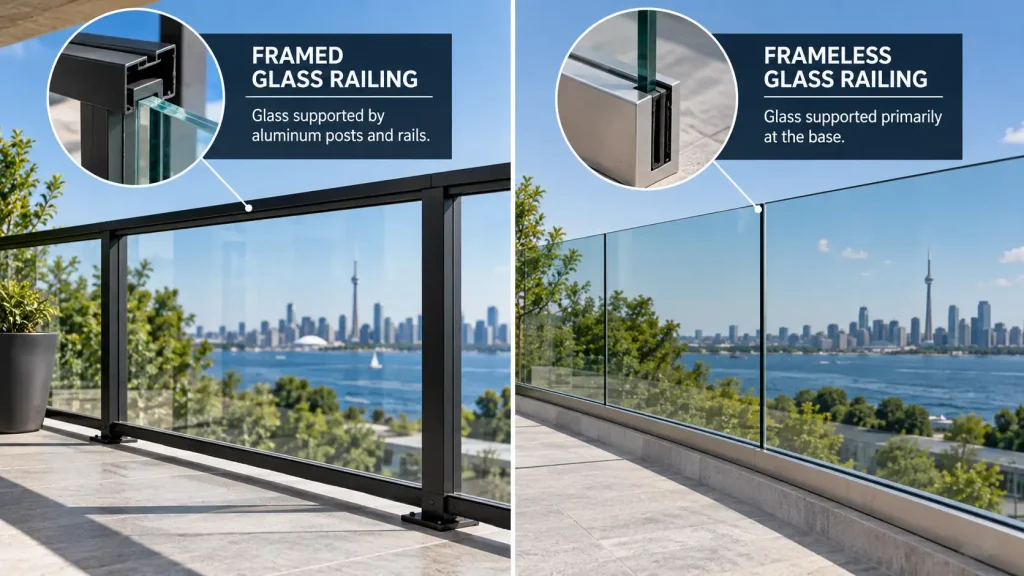 Glass railing thickness comparison for framed and frameless Ontario railing systems