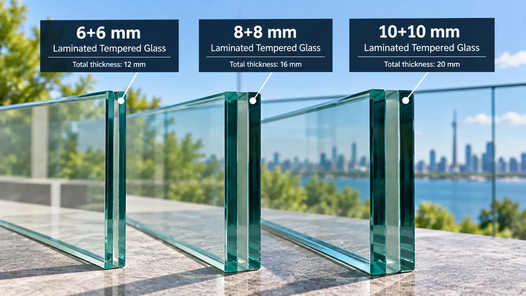 Laminated tempered glass railing panel make-ups