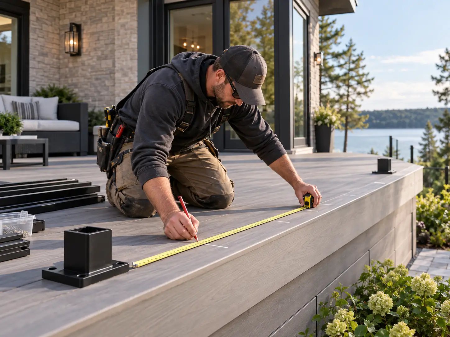 measuring a deck before laying out aluminum railing posts