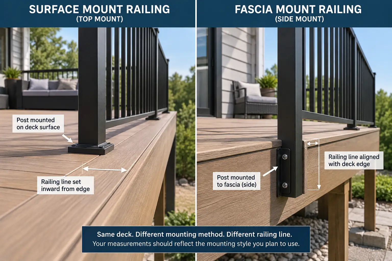 Surface mount and fascia mount railing positions compared at a deck edge