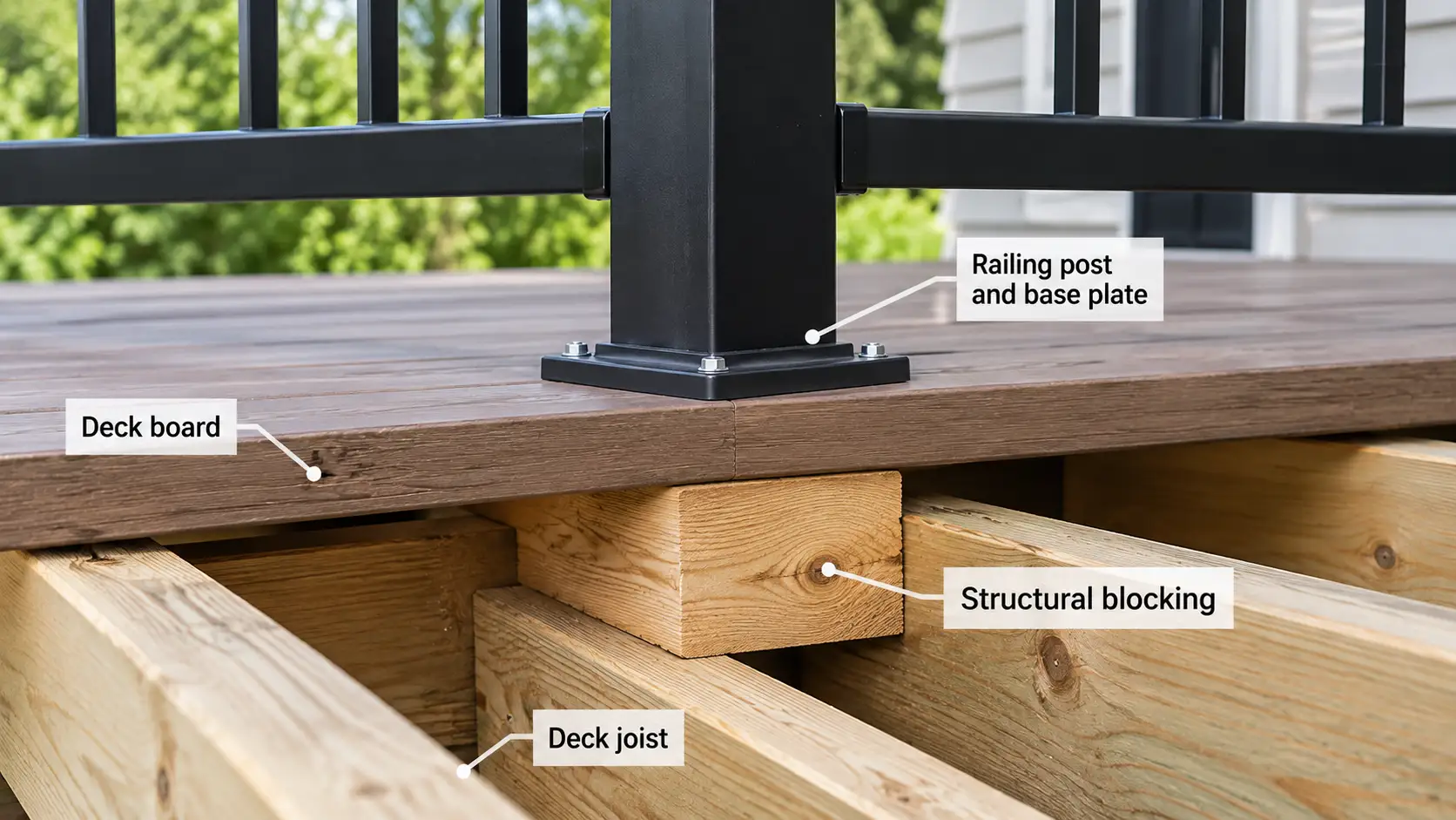 structural blocking beneath an aluminum deck railing post