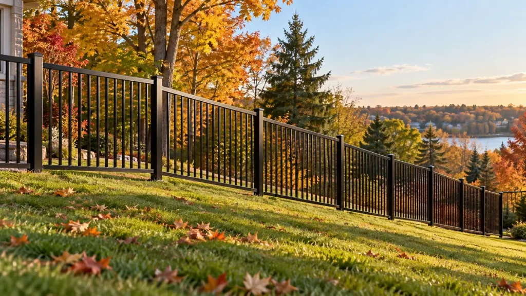 Black aluminum fence on a slope following the grade of a sloped GTA backyard