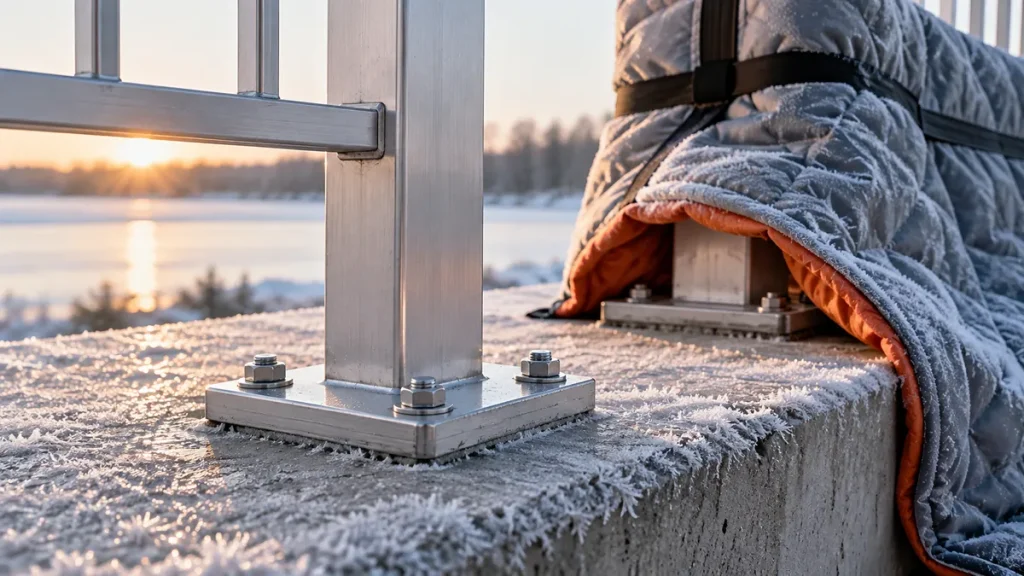 Close-up of a railing post base plate anchored to concrete with an insulated blanket protecting fresh grout nearby
