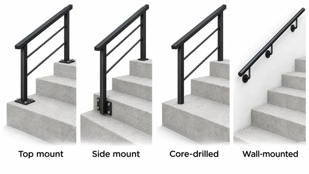 Diagram comparing top-mounted, side-mounted, core-drilled and wall-mounted railing posts on concrete steps