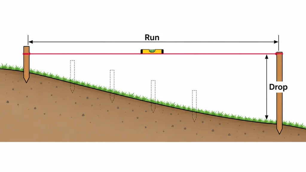 Illustration of measuring fence slope with stakes, a level string line and the drop at the low end