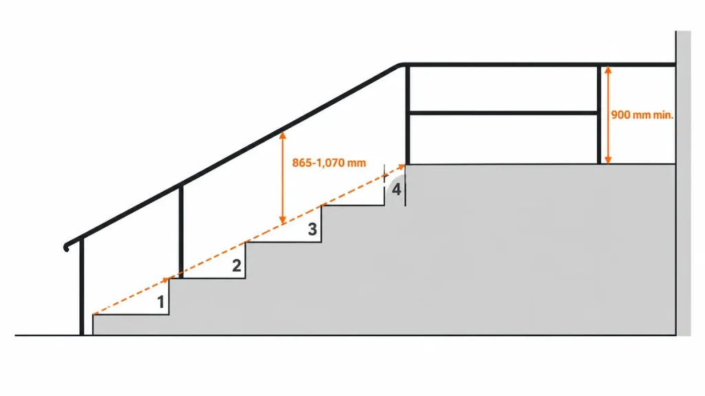 Side-view diagram of outdoor concrete steps showing handrail height from the nosing line and guard height at the landing