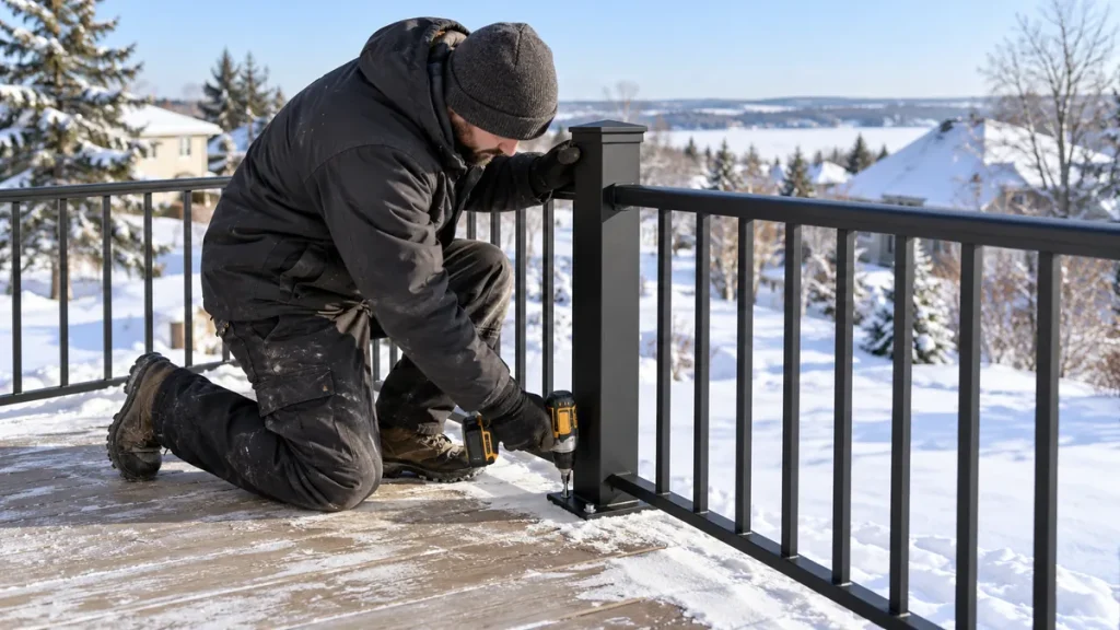 Installer completing a railing installation in winter on a snow-cleared GTA deck