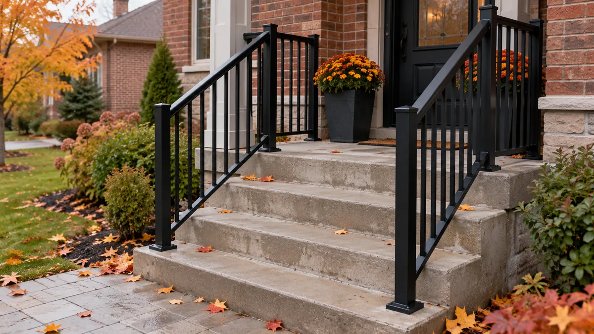 Black aluminum railings for concrete steps at the front entry of a GTA home in autumn