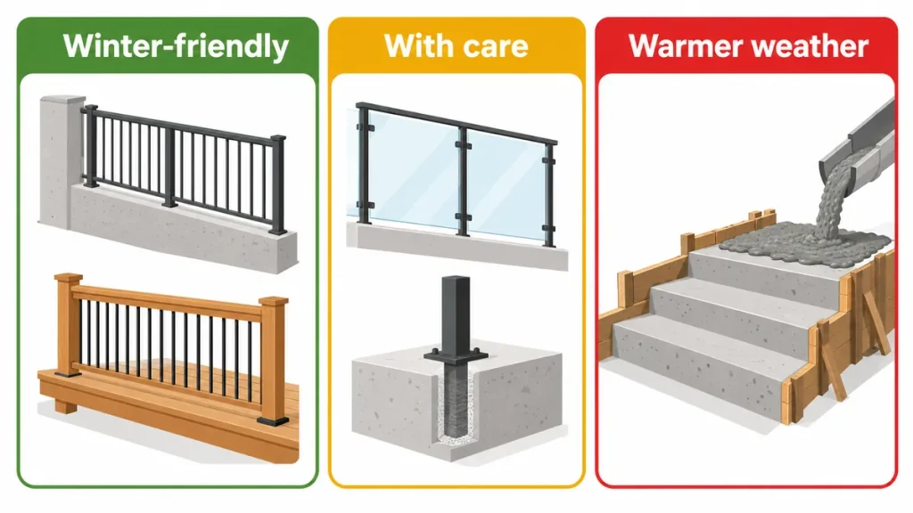 Simple chart grouping railing projects into winter-friendly, possible with care, and better in warmer weather